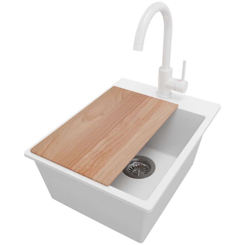 Zlewozmywak Granitowy Ryga PRIMAGRAN Nablatowy 38x50cm do szafki od 40cm z Syfonem i Baterią i Dodatkiem Biały 1 szt.