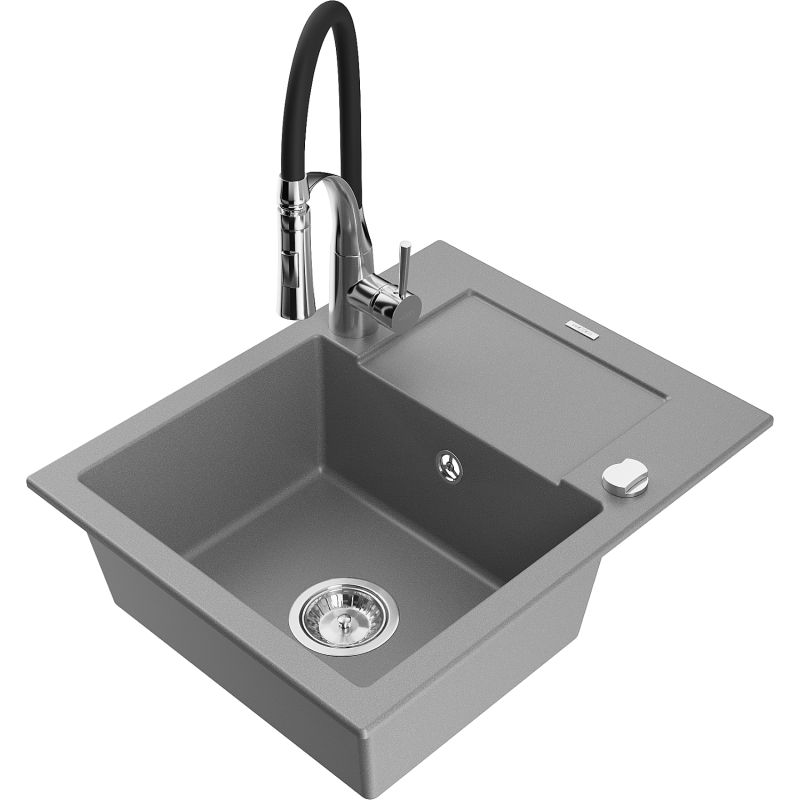 Zlewozmywak granitowy 1-komorowy Mexen Enzo z ociekaczem i baterią kuchenną Aster szary 6506-71-73450-07