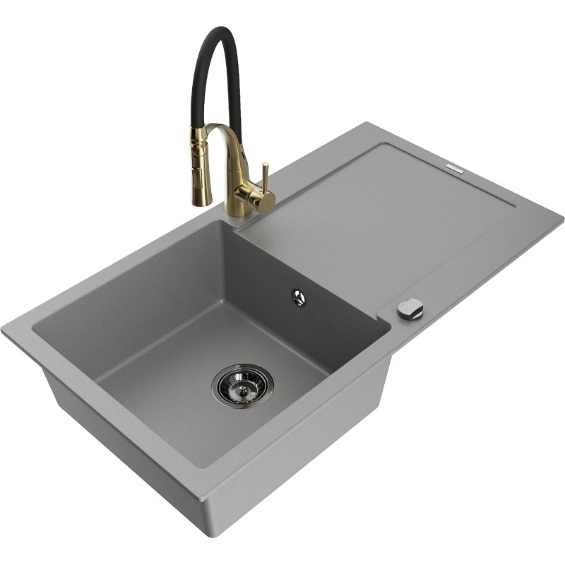 Zlewozmywak granitowy 1-komorowy Mexen Leo z ociekaczem i baterią kuchenną Aster szary 6501-71-73450-57-B