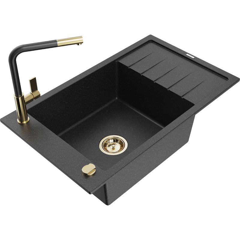 Zlewozmywak granitowy 1-komorowy Mexen Elias z ociekaczem i baterią kuchenną Flora czarny/srebrny metalik 6511-73-670401-57-G