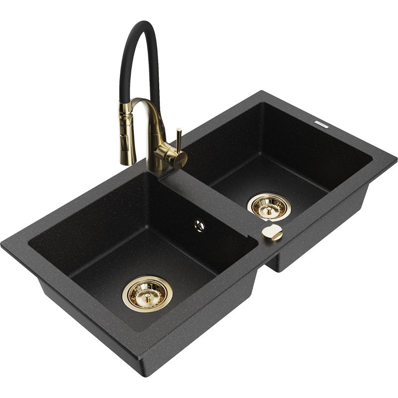 Zlewozmywak granitowy 2-komorowy Mexen Mario z baterią kuchenną Aster czarny/srebrny metalik 6504-73-73450-57-G