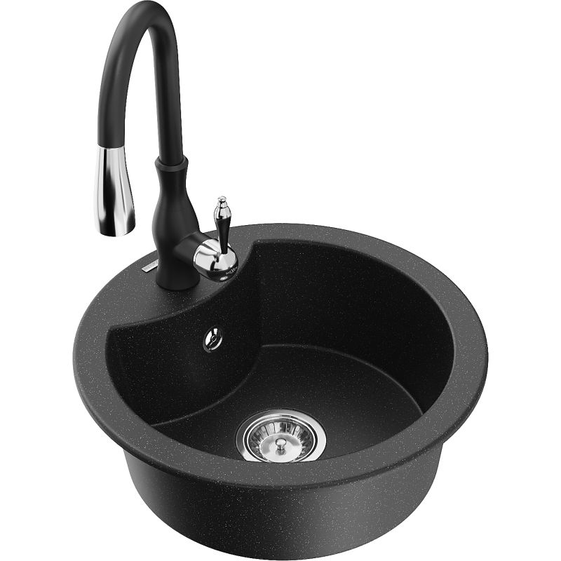 Zlewozmywak granitowy 1-komorowy Mexen Diego z baterią kuchenną Savita czarny/złoty metalik - 6512-75-672601-00 1 szt.