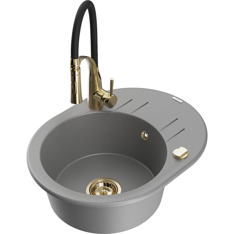 Zlewozmywak granitowy 1-komorowy Mexen Kevin z ociekaczem i baterią kuchenną Aster szary 6517-71-73450-57-G