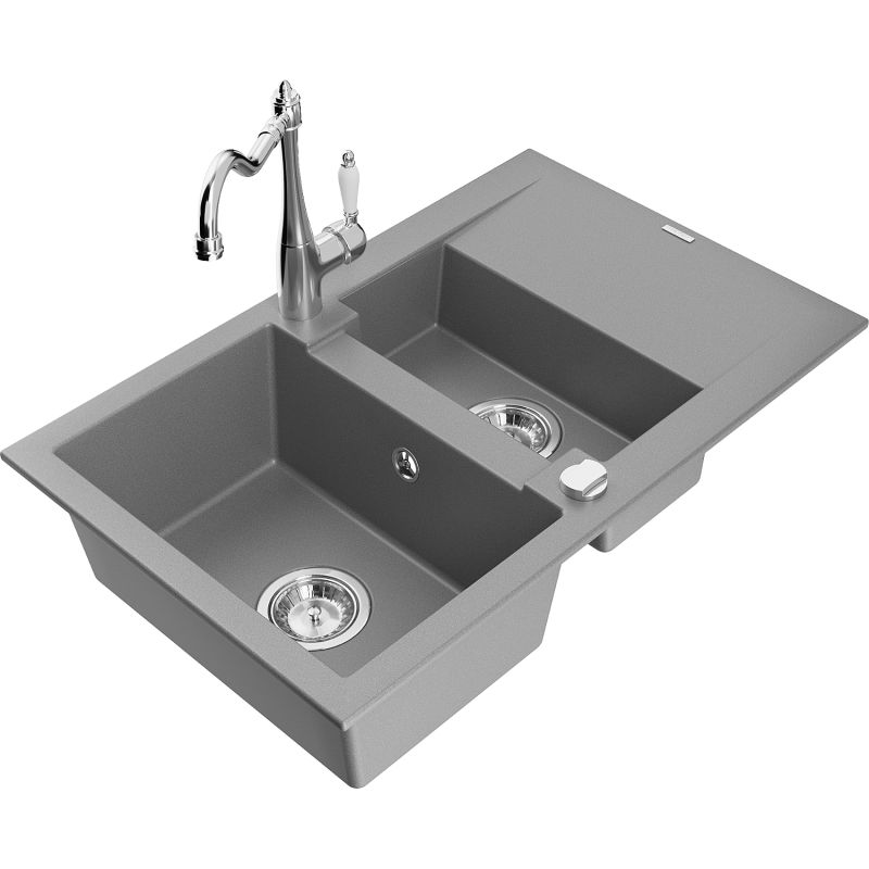 Zlewozmywak granitowy 1.5-komorowy Mexen Gaspar z ociekaczem i baterią kuchenną Carla szary 6507-71-670700-00