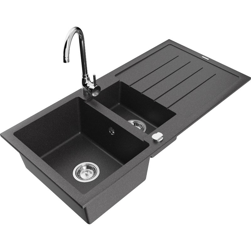 Zlewozmywak granitowy 1.5-komorowy Mexen Andres z ociekaczem i baterią kuchenną Telma czarny nakrapiany 6515-76-670200-00