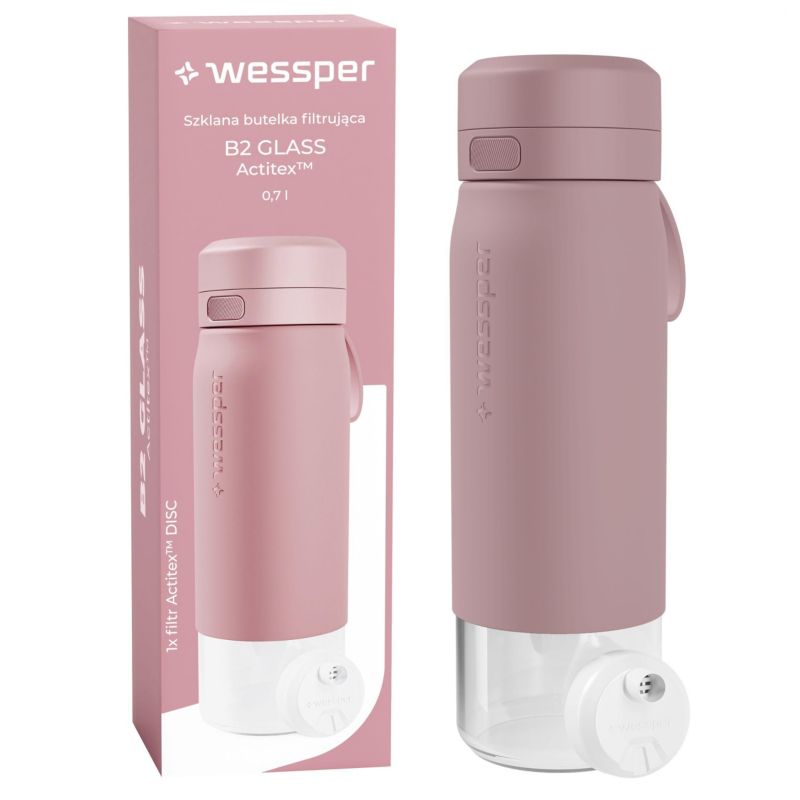 Butelka na wodę, Wessper, filtrująca, szkło borokrzemowe, bidon, z filtrem do wody, 700ml, B2 GLASS Actitex, różowa, 1szt