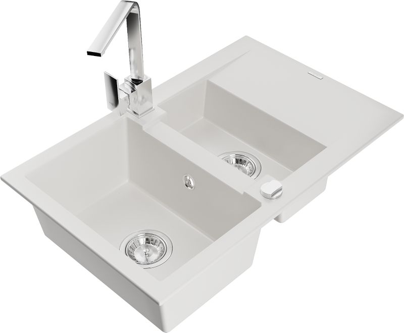 Zlewozmywak granitowy Mexen Gaspar 1,5-komorowy z ociekaczem i baterią kuchenną Rita biały 6507-20-670300-00