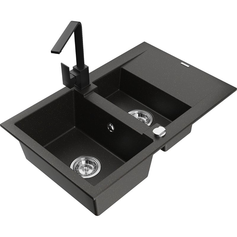 Zlewozmywak granitowy 1.5-komorowy Mexen Gaspar z ociekaczem i baterią kuchenną Rita czarny/złoty - 6507-75-670300-70-B 1 szt.