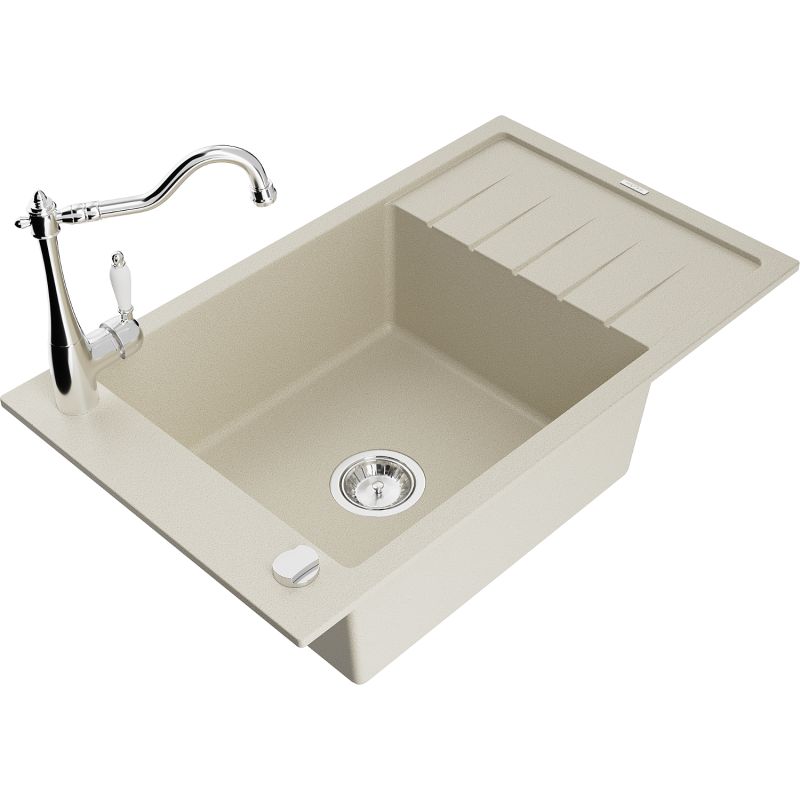 Zlewozmywak granitowy 1-komorowy Mexen Elias z ociekaczem i baterią kuchenną Carla beżowy - 6511-69-670700-50 1 szt.