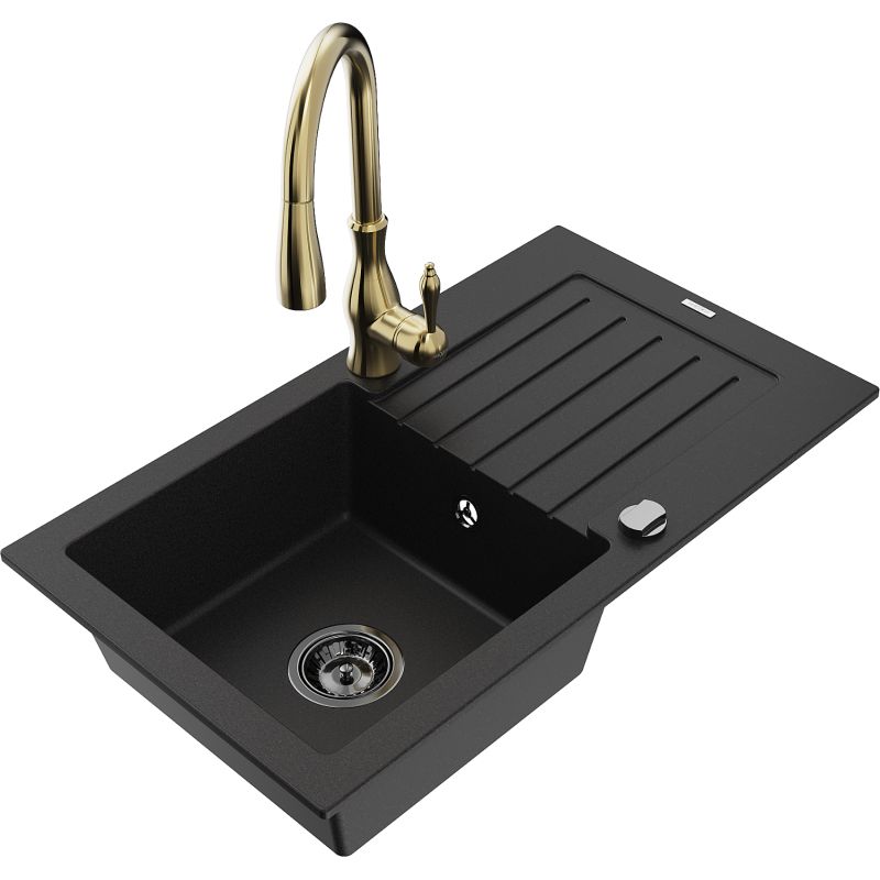 Zlewozmywak granitowy 1-komorowy Mexen Pablo z ociekaczem i baterią kuchenną Savita czarny 6510-77-672601-50-B