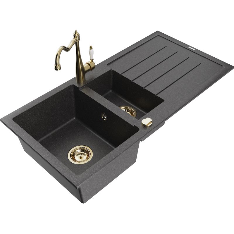 Zlewozmywak granitowy 1.5-komorowy Mexen Andres z ociekaczem i baterią kuchenną Carla czarny nakrapiany 6515-76-670700-50
