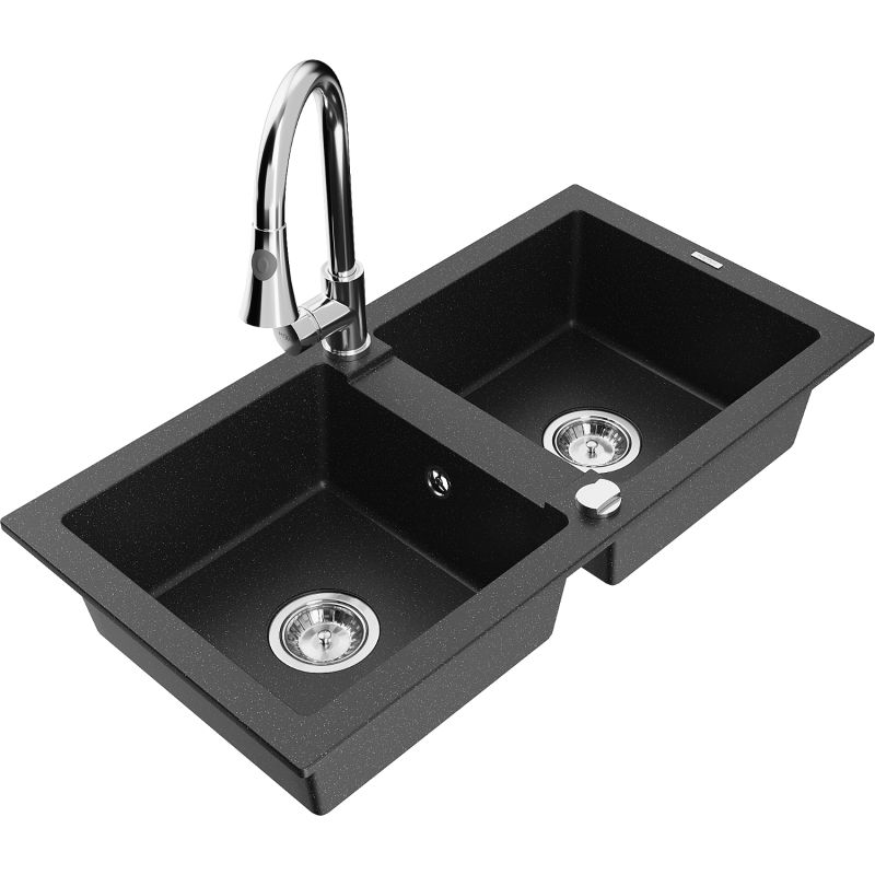 Zlewozmywak granitowy 2-komorowy Mexen Mario z baterią kuchenną Elia czarny/srebrny metalik 6504-73-670101-00