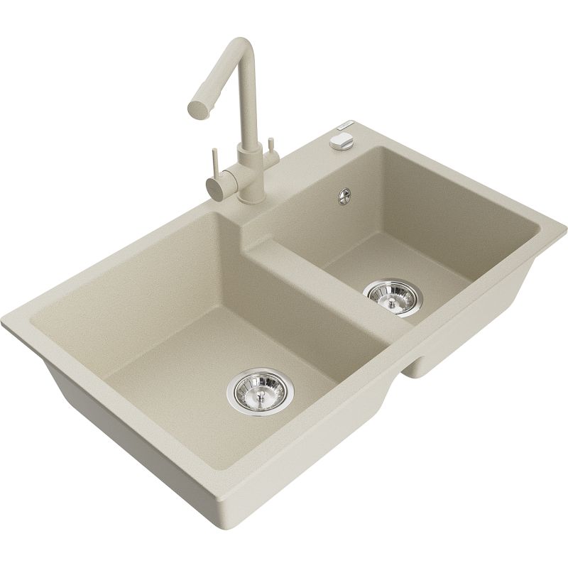 Zlewozmywak granitowy 2-komorowy Mexen Tomas z baterią kuchenną Duero beżowy 6516-69-671600-69