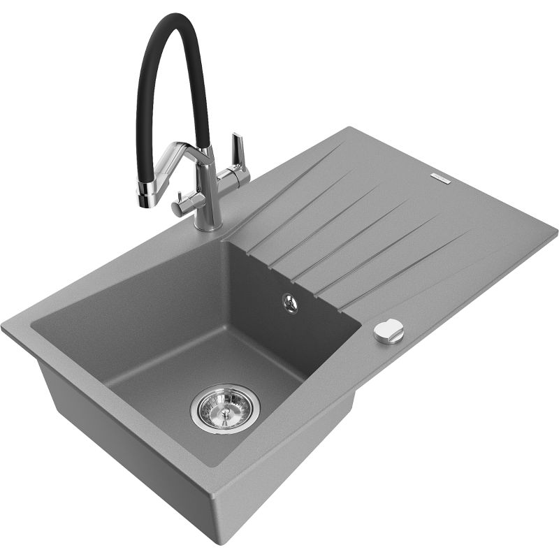 Zlewozmywak granitowy 1-komorowy Mexen Cesar z ociekaczem i baterią kuchenną Duo szary - 6514-71-671701-07-B 1 szt.