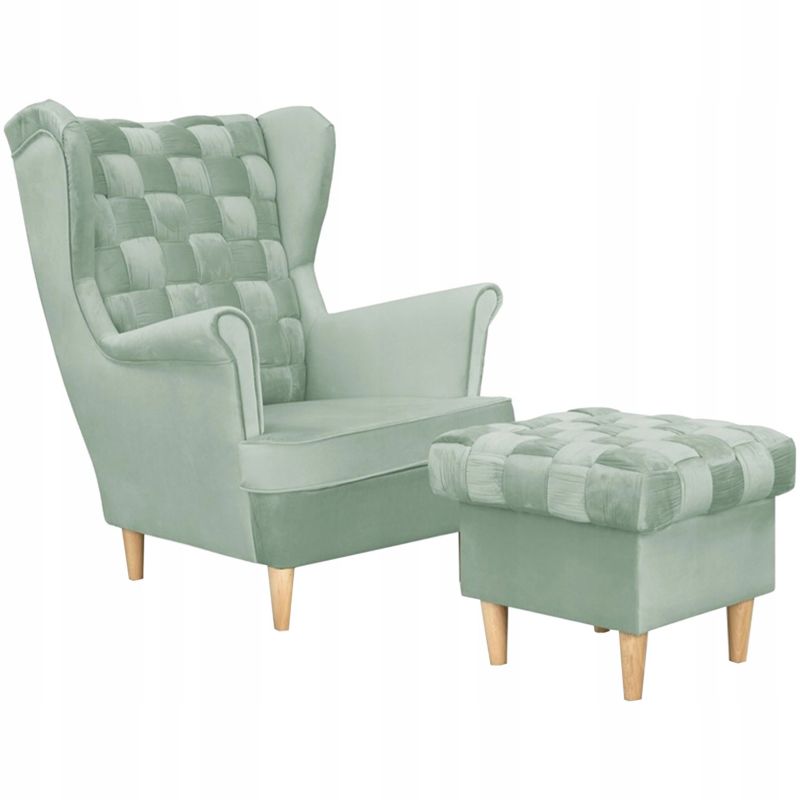 Fotel uszak do salonu z podnóżkiem Family Meble Carol miętowy 1szt