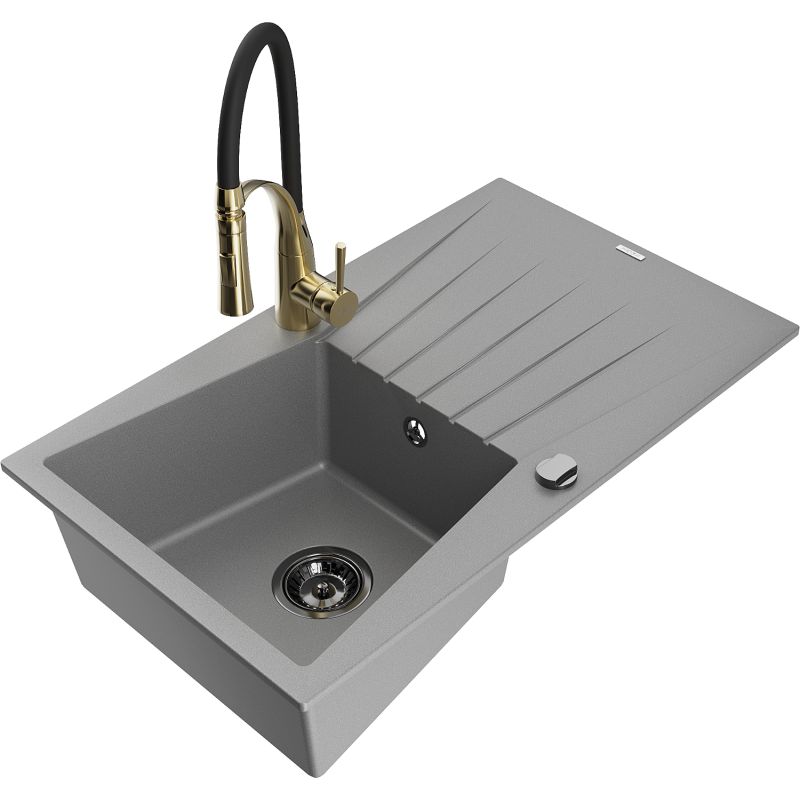 Zlewozmywak granitowy 1-komorowy Mexen Cesar z ociekaczem i baterią kuchenną Aster szary - 6514-71-73450-57-G 1 szt.