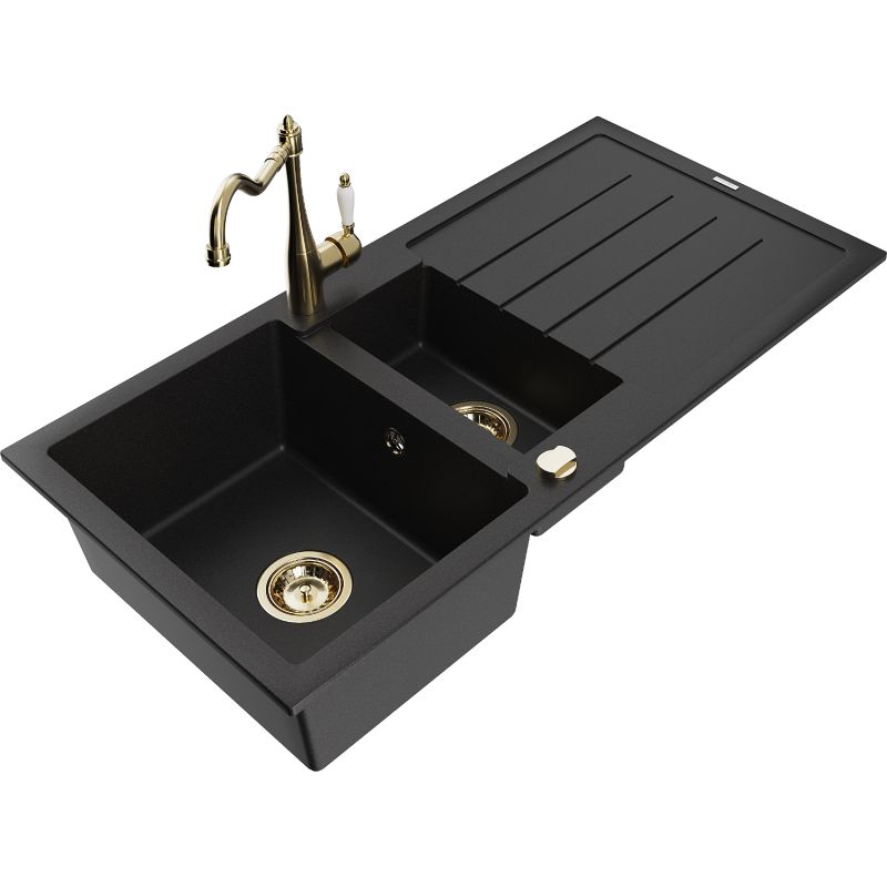 Zlewozmywak granitowy 1.5-komorowy Mexen Andres z ociekaczem i baterią Carla czarny nakrapiany - 6515-76-670700-76 1 szt.