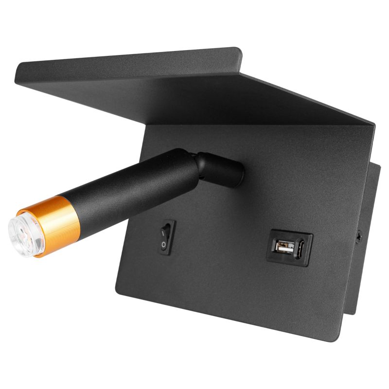 Kinkiet do czytania LED MasterLED Piero G9 IP20 z półką i USB czarny złoty lampka nocna 1 szt.
