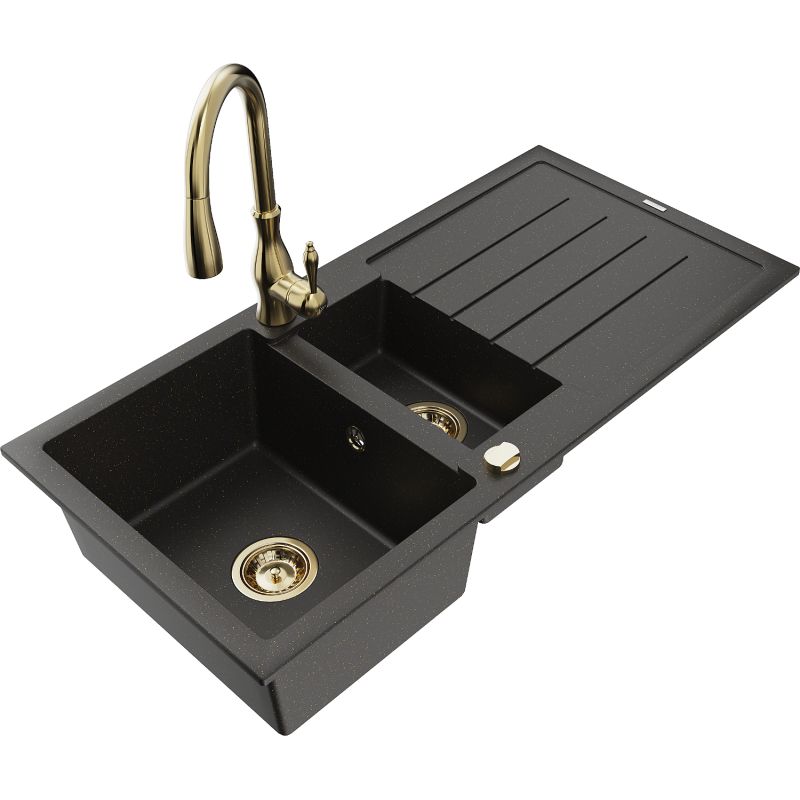 Zlewozmywak granitowy 1.5-komorowy Mexen Andres z ociekaczem i baterią kuchenną Savita czarny/złoty metalik 6515-75-672601-50