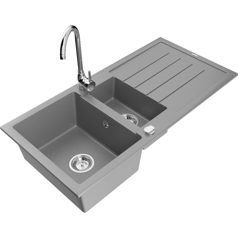 Zlewozmywak granitowy 1.5-komorowy Mexen Andres z ociekaczem i baterią kuchenną Telma szary 6515-71-670200-00