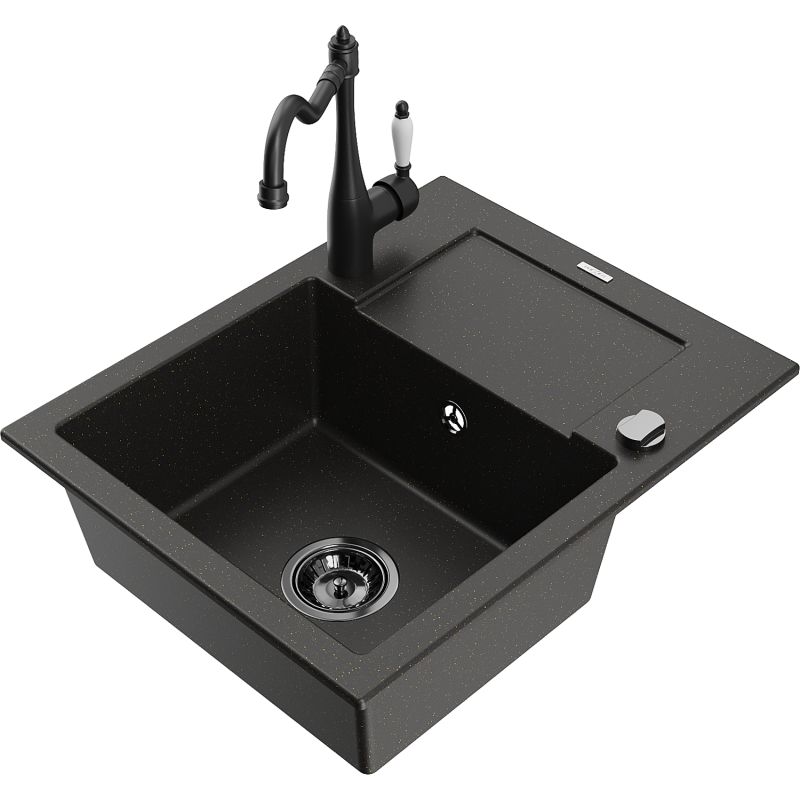 Zlewozmywak granitowy 1-komorowy Mexen Enzo z ociekaczem i baterią kuchenną Carla czarny/złoty metalik 6506-75-670700-70-B