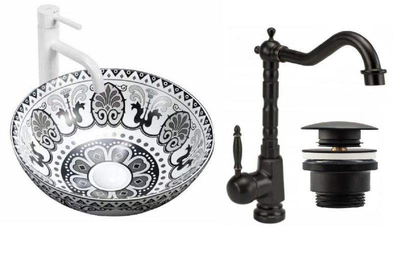 Umywalka nablatowa GTM Design Wzory M6 Czarna z baterią w zestawie 1 szt.