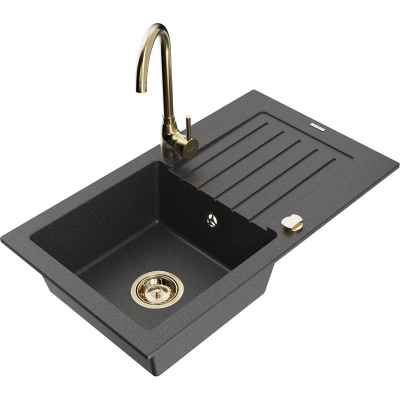 Zlewozmywak granitowy 1-komorowy Mexen Pablo z ociekaczem i baterią kuchenną Telma czarny nakrapiany 6510-76-670200-50