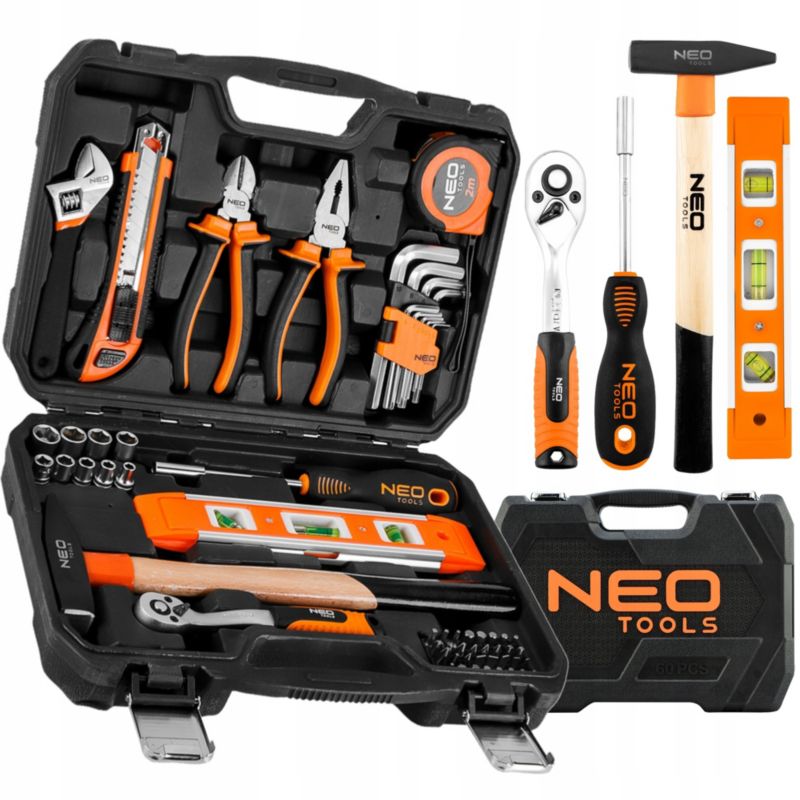 Zestaw narzędzi Neo Tools Uniwersalny 60 el. Klucze Nasadowe Bity Młotek Walizka 1 kpl.