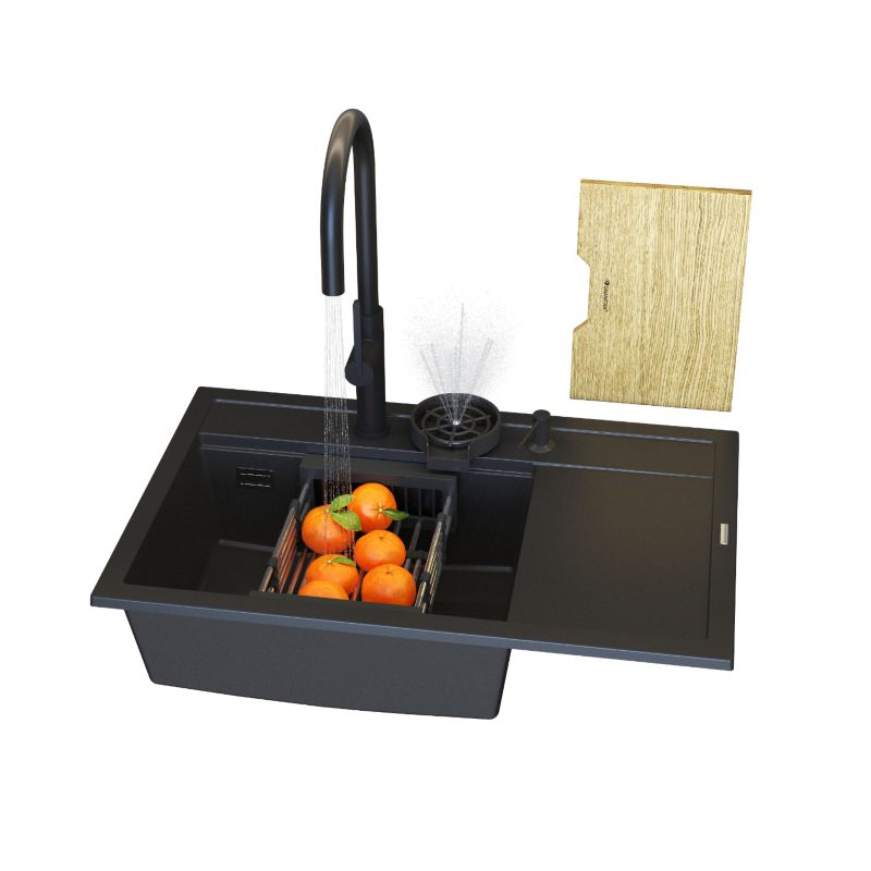 Zlewozmywak Granitowy Granitan Rendo czarny z Syfonem, Myjką, Ociekarką i Baterią Prati 1kpl.