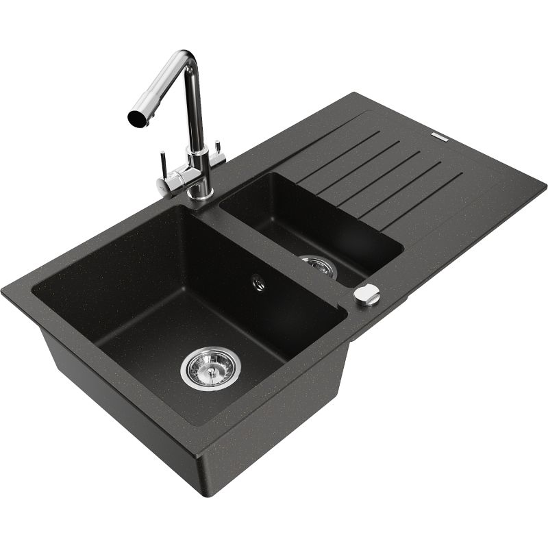 Zlewozmywak granitowy 1.5-komorowy Mexen Matias z ociekaczem i baterią kuchenną Duero czarny/złoty metalik 6502-75-671600-00