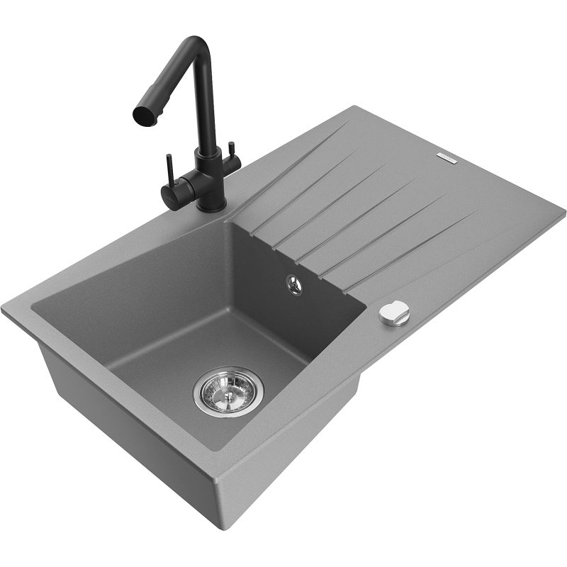 Zlewozmywak granitowy 1-komorowy Mexen Cesar z ociekaczem i baterią kuchenną Duero szary - 6514-71-671600-50 1 szt.