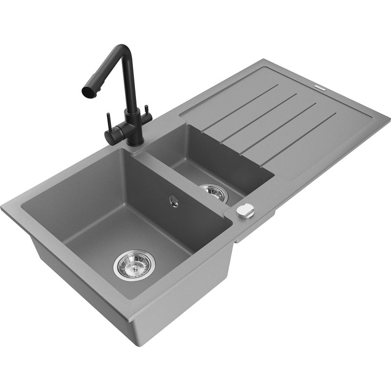 Zlewozmywak granitowy 1.5-komorowy Mexen Andres z ociekaczem i baterią kuchenną Duero szary 6515-71-671600-70