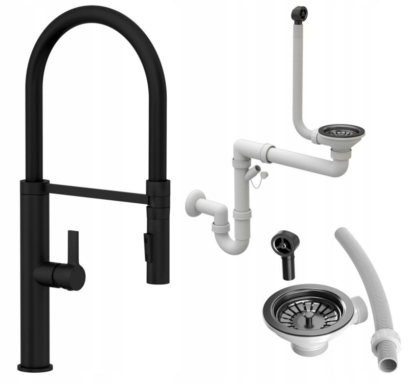 Full Czarna Bateria Kuchenna + Syfon Czarny Jednokomorowy Granitan 1 szt.