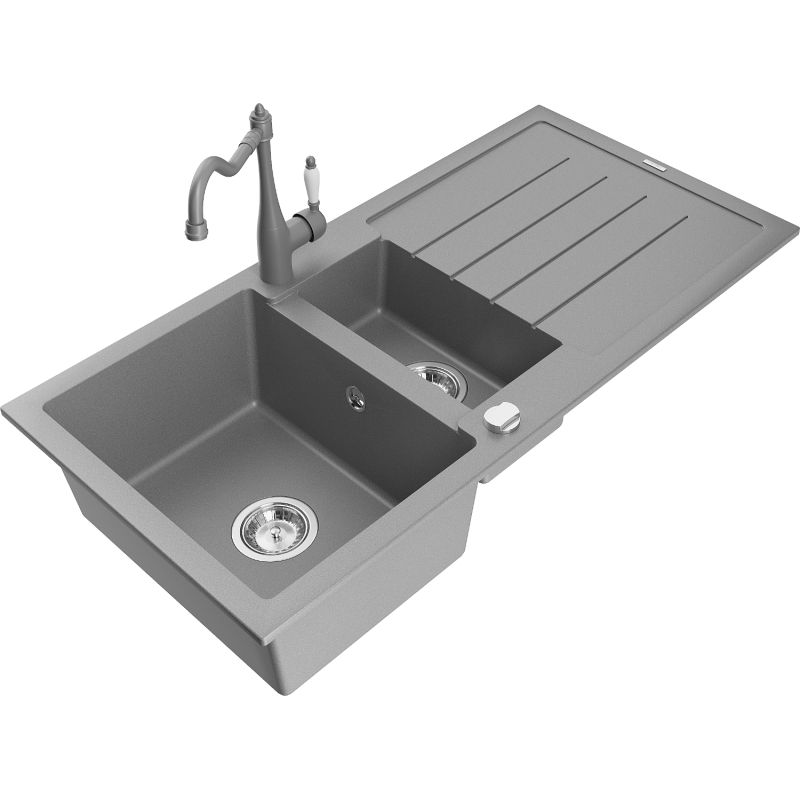 Zlewozmywak granitowy 1.5-komorowy Mexen Andres z ociekaczem i baterią kuchenną Duero czarny - 6515-77-671600-70-B 1 szt.