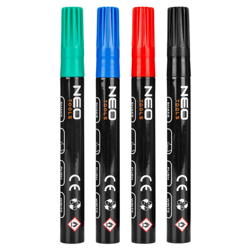 Marker permanentny NEO TOOLS budowlany gruby, 4 kolory, permanentny, wodoodporny, lakierowy, aluminiowy, 4 szt 1 kpl