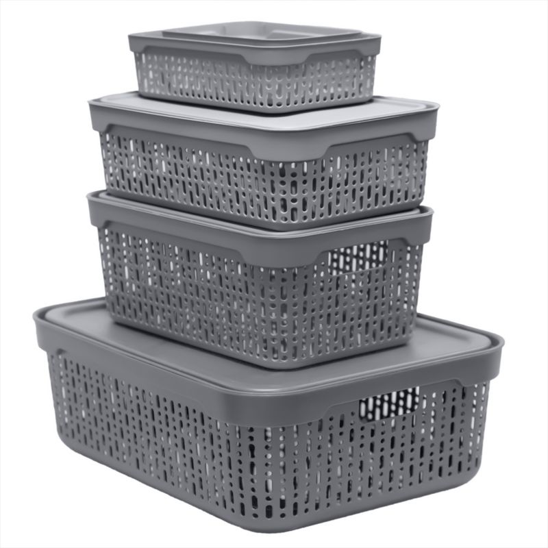 Koszyk EDANTI Zestaw Koszyczków Ażurowych Plastikowych Pojemnik Z Pokrywką Szary 1 kpl.