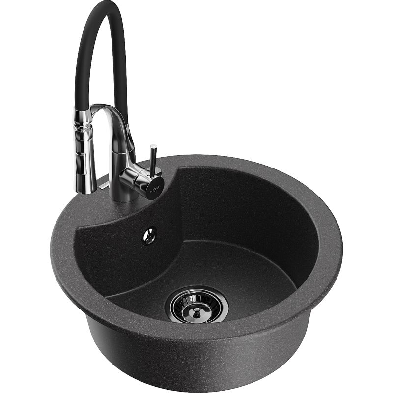 Zlewozmywak granitowy 1-komorowy Mexen Diego z baterią kuchenną Aster czarny nakrapiany - 6512-76-73450-07 1 szt.