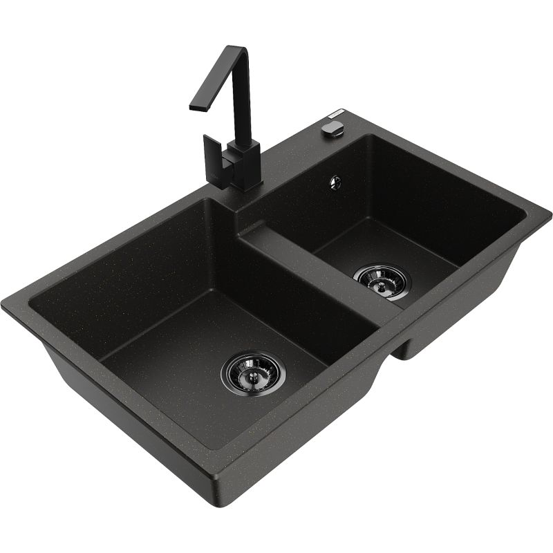 Zlewozmywak granitowy 2-komorowy Mexen Tomas z baterią kuchenną Rita czarny/złoty metalik - 6516-75-670300-50-B 1 szt.