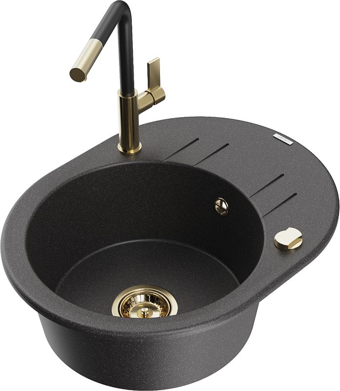 Zlewozmywak granitowy Mexen Kevin 1-komorowy z ociekaczem i baterią kuchenną Flora czarny 6517-76-670401-57-G