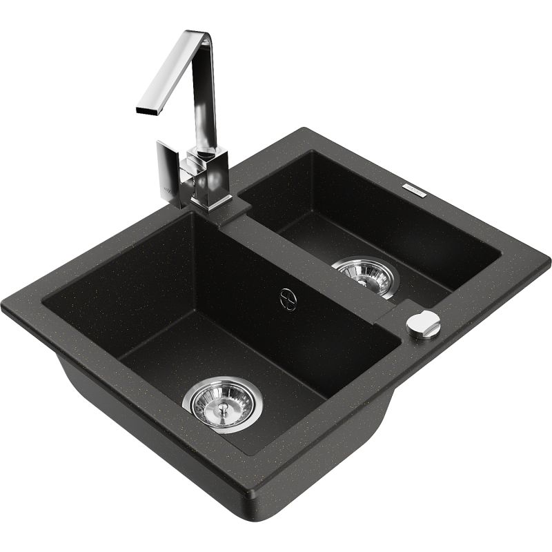 Zlewozmywak granitowy 1.5-komorowy Mexen Carlos z baterią kuchenną Rita czarny/złoty metalik 6518-75-670300-00