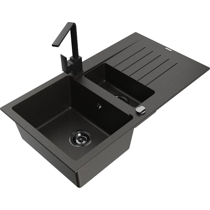 Zlewozmywak granitowy 1.5-komorowy Mexen Matias z ociekaczem i baterią kuchenną Rita czarny/złoty - 6502-75-670300-70 1 szt.