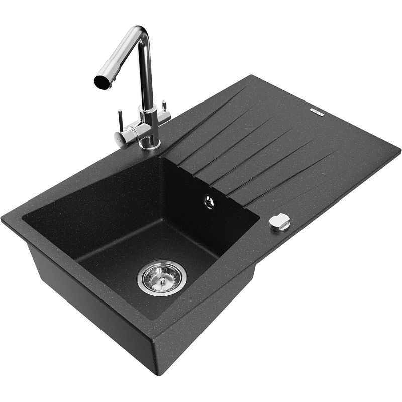 Zlewozmywak granitowy 1-komorowy Mexen Cesar z ociekaczem i baterią kuchenną Duero czarny/srebrny metalik 6514-73-671600-00