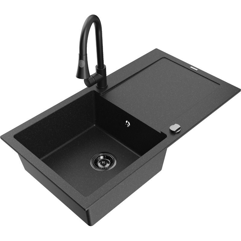 Zlewozmywak granitowy 1-komorowy Mexen Leo z ociekaczem i baterią kuchenną Elia czarny/srebrny metalik 6501-73-670101-70-B