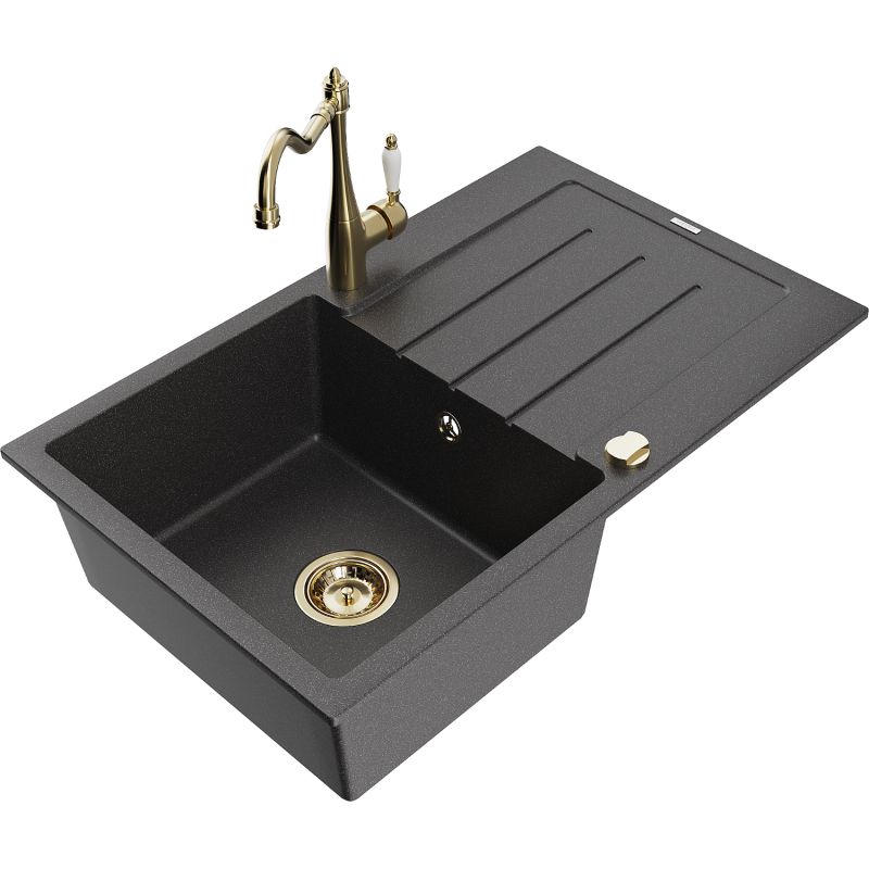Zlewozmywak granitowy 1-komorowy Mexen Bruno z ociekaczem i baterią kuchenną Carla czarny nakrapiany 6513-76-670700-50