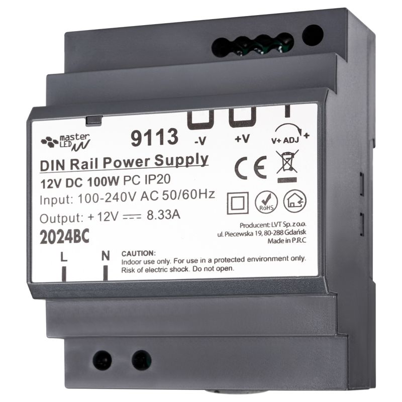 Zasilacz LED MasterLED na szynę DIN 12V 100W 8.33A IP20 70x58.5x92.5 mm 1 szt.