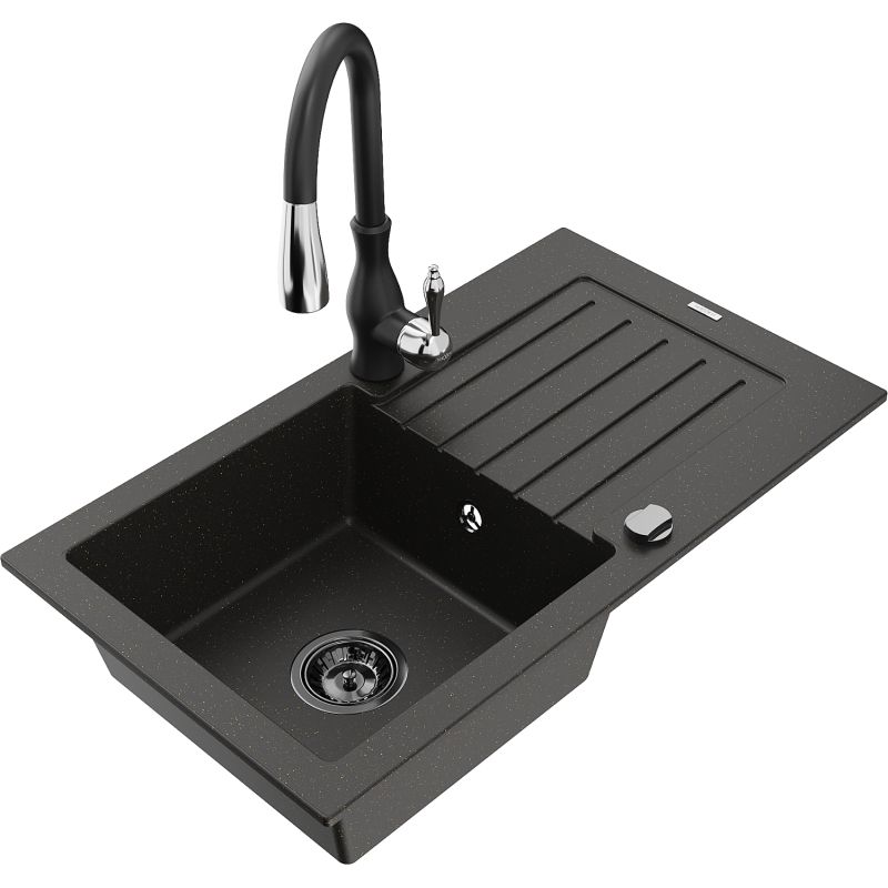 Zlewozmywak granitowy 1-komorowy Mexen Pablo z ociekaczem i baterią kuchenną Savita czarny/złoty metalik 6510-75-672601-70-B