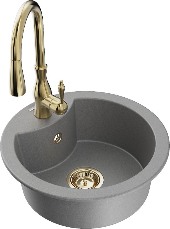 Zlewozmywak granitowy Mexen Diego 1-komorowy z baterią kuchenną Savita szary 6512-71-672601-50