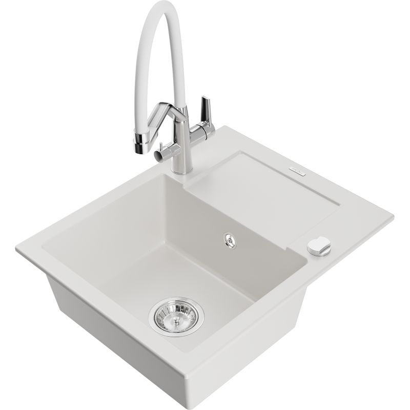 Zlewozmywak granitowy 1-komorowy Mexen Enzo z ociekaczem i baterią kuchenną Duo biały 6506-20-671701-02