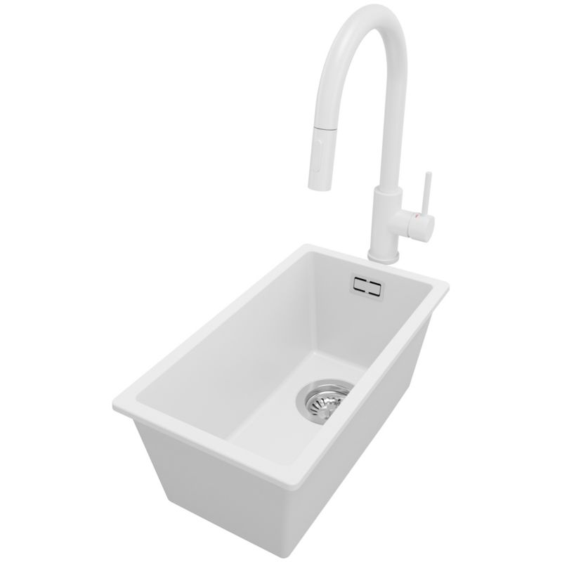 Zlewozmywak Granitowy Londyn Slim PRIMAGRAN Nablatowy 26x47cm do szafki od 30cm, Biały + Bateria 40x20cm + Syfon, S017, 1 szt.