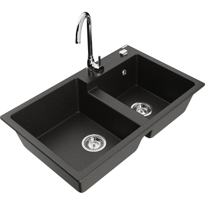 Zlewozmywak granitowy 2-komorowy Mexen Tomas z baterią kuchenną Telma czarny/złoty metalik 6516-75-670200-00